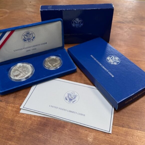 1986-S Statue of Liberty Silver Dollar & Half Dollar 2 coin set, OGP, COA - Picture 1 of 14